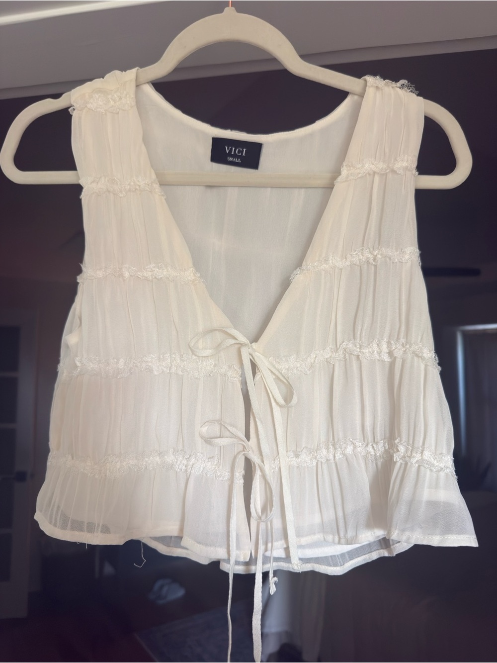 VICI Cream Tie-Front Ruffle Crop Top